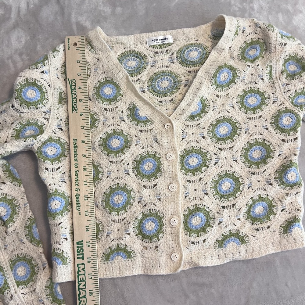 Y2K Granny Square Sweater Womens OS Cream Semi Crop Cardigan Boho Cottagecore - Picture 6 of 9